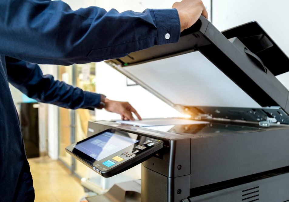 Bussiness,Man,Hand,Press,Button,On,Panel,Of,Printer,,Printer